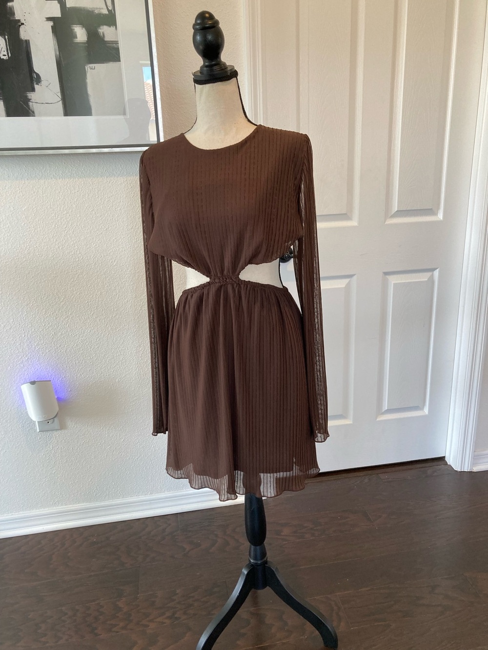 Zara Brown Long-Sleeve Cutout Dress
